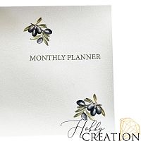 Кожзам с принтом "Monthly planner / оливки" 26*46 см. тиснение под кожу, белый