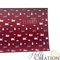 Кожзам с принтом "My planner с котиками" 26*46 см. матовый однотонный, винный