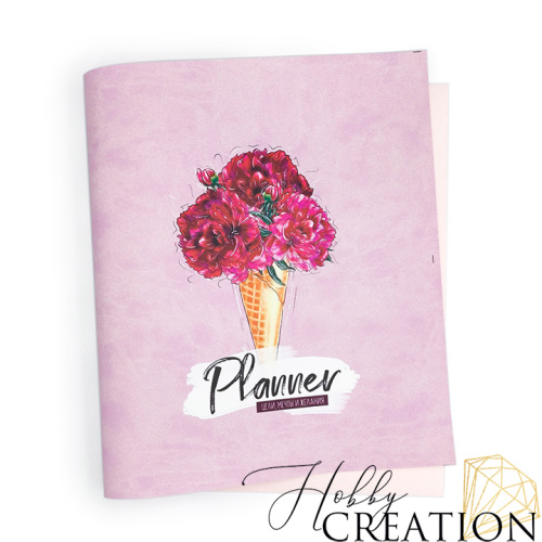 Кожзам с принтом "Пионы в рожке" 26*46 см. матовый II, сиренево-розовый