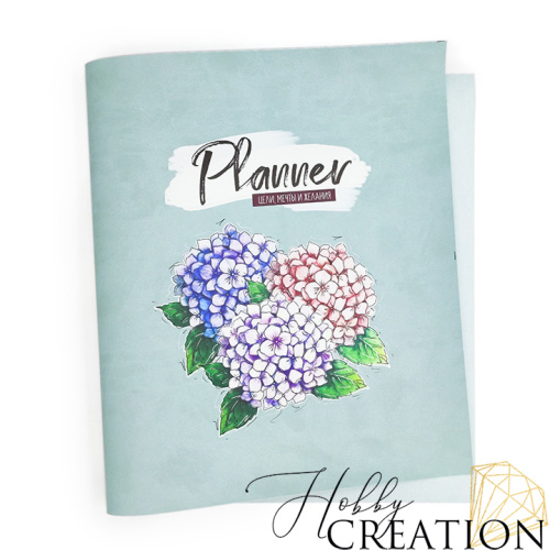 Кожзам с принтом "Гортензии" 26*46 см. матовый II, пепельно-голубой