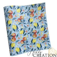 Кожзам с принтом "Апельсины и лимоны " 26*46 см. тиснение под кожу, светло-голубой