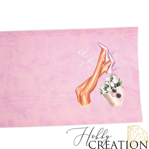 Кожзам с принтом "Крутая девушка" 18*28 см. матовый II, сиренево-розовый