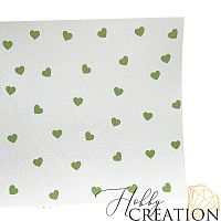 Кожзам с принтом "Зелёные сердечки" 18*28 см. тиснение под кожу, белый