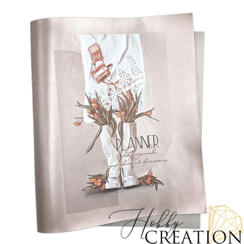 Кожзам с принтом "Твое искусство" 26*46 см. глянцевый с перламутром, серо-розовый