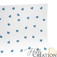Кожзам с принтом "Голубые сердечки" 18*28 см. тиснение под кожу, белый