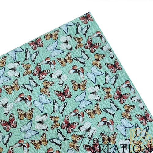 *Кожзам с принтом "Бабочки" 26*46 см. тиснение крокодил, мятный
