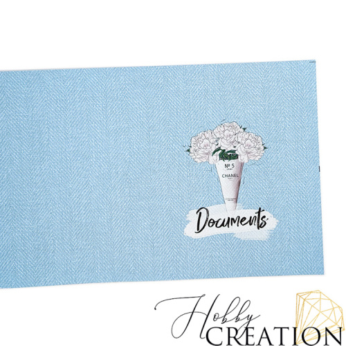 Кожзам с принтом "Белые пионы в рожке" 18*28 см. тиснение Твид, светло-голубой