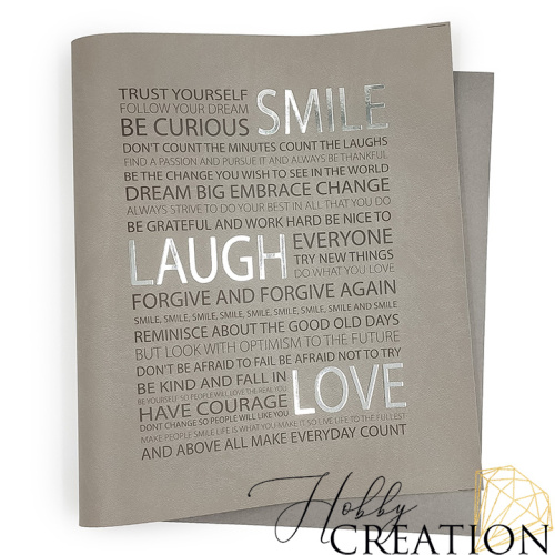 Кожзам с принтом "SMILE, LAUGH, LOVE / серебро" 26*46 см. матовый, каменно-серый Кожзам с принтом "SMILE, LAUGH, LOVE / серебро" 26*46 см. матовый, каменно-серый