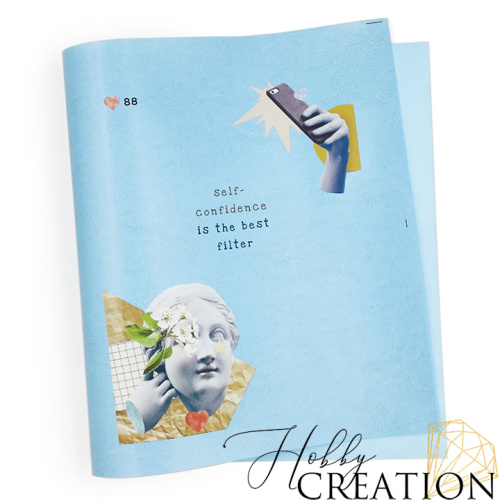 Кожзам с принтом "Самоуверенность — лучший фильтр" 26*46 см. глянцевый, светло-голубой