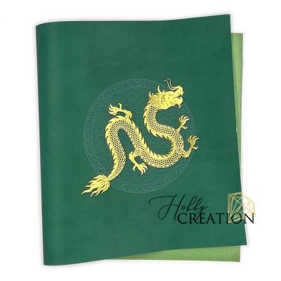 Переплетный кожзам (экокожа) с принтом "Золотой дракон" 26*46 см., матовый зеленый