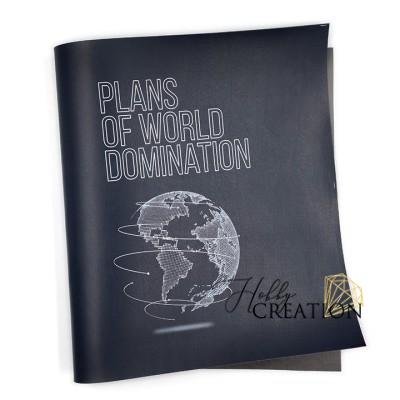 Переплетный кожзам (экокожа) Gaiaс принтом  "Plans of world domination" 26*46 см., полуглянцевый темно-синий
